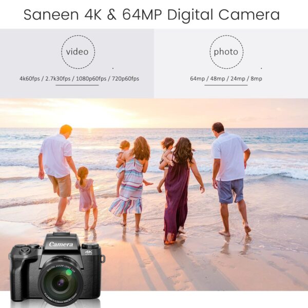 Saneen Digital Camera, 4K Cameras for Photography and Video, 64MP WiFi Touchscreen, Vlogging Camera for YouTube with Flash, 32GB Card, Sunshade, 3000mAh Battery, Front Cameras - Image 3