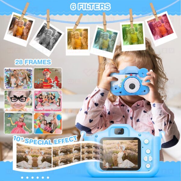 Wembley Kids Digital Camera Compact Dino Design Selfie Camera Video Recorder Photo Capture Games 4GB SD Card 2.0 Inch Screen for Girls Boys 4+ 5 6 7 8 - Blue - Image 8