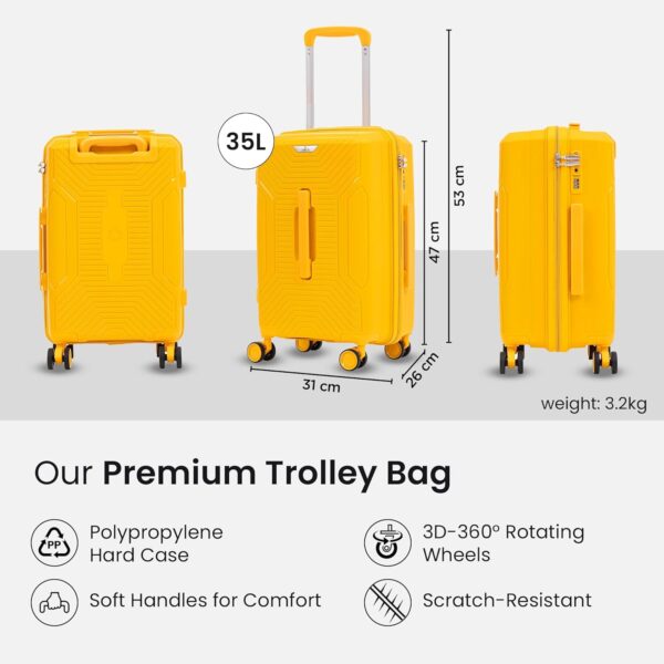 Skyroller Series Small 20inch Cabin Trolley Bag for Travel|Hard Suitcase for Travel with Steel+ABS Trolley, Wheels, 360 Degree Rotation - Dark Yellow - Image 5