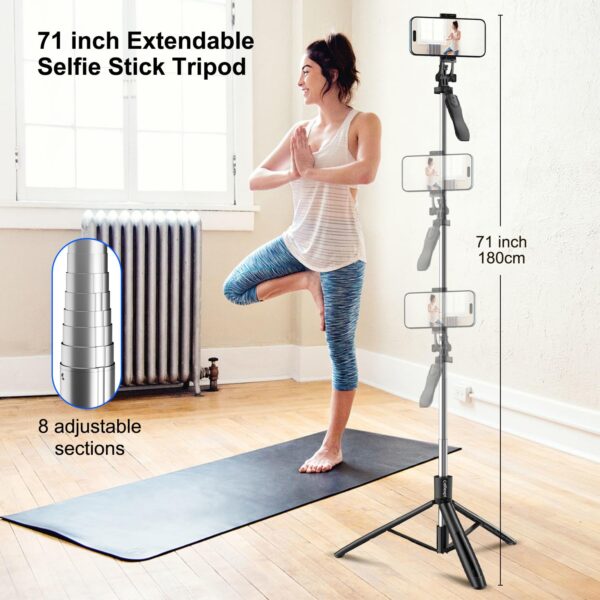 Celfiexpt 71 inch Selfie Stick Tripod 360 Degree Rotation Anti Shake Handle Long Tripod Stand with Bluetooth Remote for Mobile Phone Multi-Function Selfie Stick for iPhone Android Phone Camera Gopro - Image 3