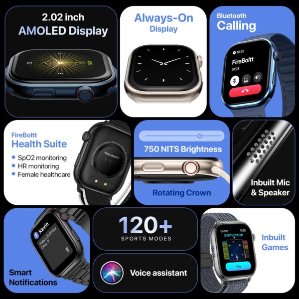 Fire-Boltt Brillia Pro Smart Watch with 51.3mm (2.02 inch) AMOLED Display, Bluetooth Calling, SpO2, Heart Rate Monitoring, 120+ Sports Modes, IP67 Waterproof, Long Battery Life (Grey Wave) - Image 4