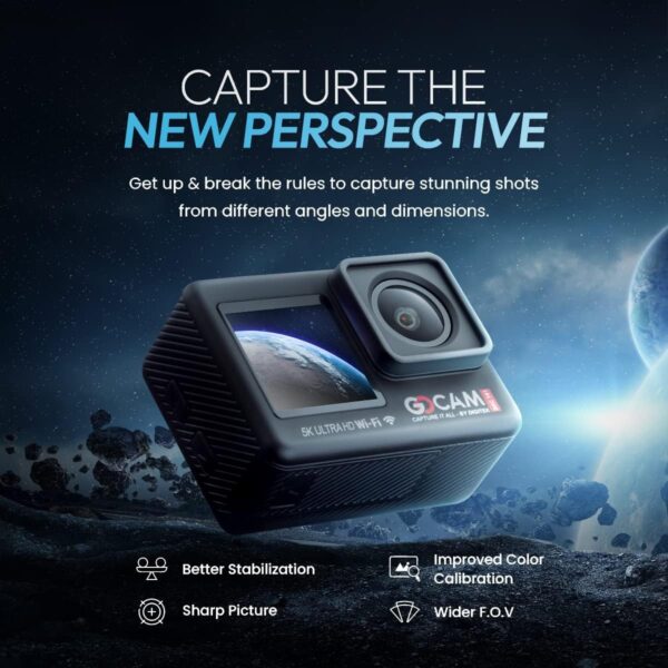 Digitek GoCAM DAC-101 5K 30FPS 48MP WiFi Ultra HD Sports Action Camera | 2" / 1.3" Dual Touch Screen | 150 Degree Wide Angle | 6-Axis Gyro EIS Stabilization | 2.5mm External MIC Support | 100 feet Waterproof (with Waterproof case) | 2 x 1350mAh Battery with Accessories Kit (Black) - Image 3