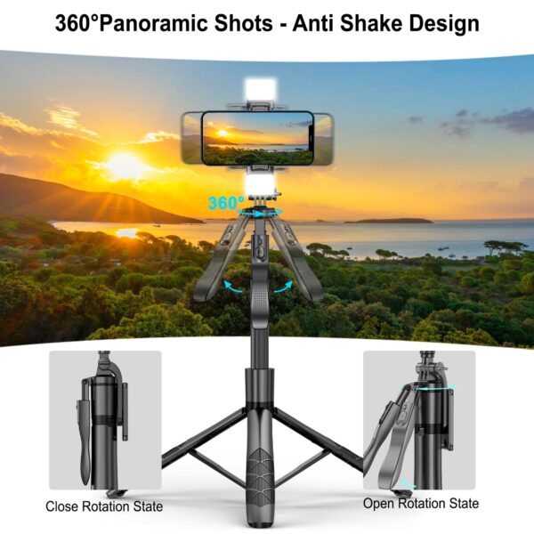 Mobilife 62-inch Selfie Stick Tripod with Gimbal Handle Dual Fill Light 360° Rotation Bluetooth Aluminum Selfie Stick Stand for iPhone Android Mobile Phone Camera Vlogging,Black - Image 5