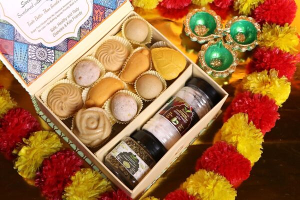 Misstevia Sugar Free Sweets Gift Box | 250gm Sugar Free Sweets and Sugar Free Mouth Freshener| Stevia Sweetened Kaju burfi Badam Malai Peda Kesar Malai Peda Kaju Almond Laddu Mango Malai Sandesh Dryfruit Coconut Laddu 250gm Sweets | Green Mango Goli 110g | Sweet Saunf 50g |Gift Hamper for any occasion - Image 4