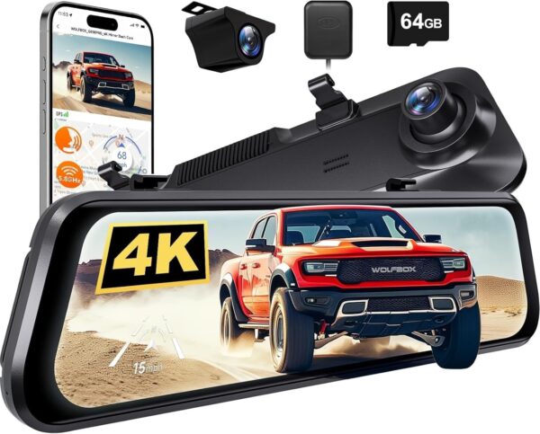 WOLFBOX G850 PRO 4K Smart Mirror Dash Cam with ADAS & BSD, 12” Rear View Mirror Camera, 5.8GHz WiFi, Voice Control, Includes 64GB Card, GPS, G-Sensor & Loop Recording. - Image 5