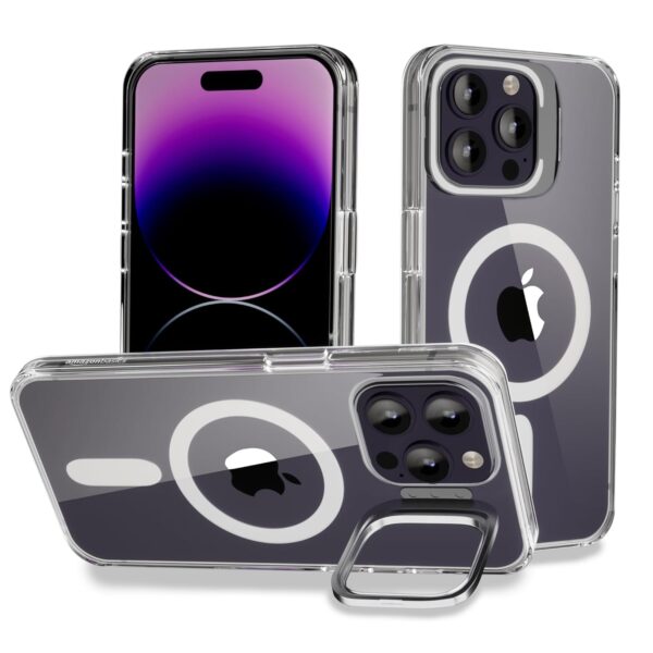 amazon basics iPhone 14 Pro Case, Compatible with MagSafe, Adjustable Camera Ring Stand, Scratch Resistant Back, Military-Grade Protection, TPU, Classic Magnetic Back Cover with Kickstand, Clear - Image 2