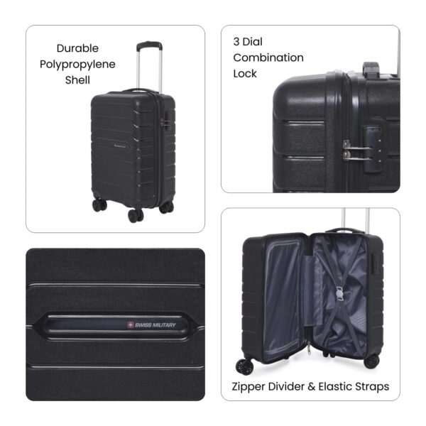 Swiss Military Rhombus Black 55 Cms Small Cabin Polycarbonate Hardshell Sided 8-360 Degree Rotatable Wheels Luggage/Suitcase - Image 3