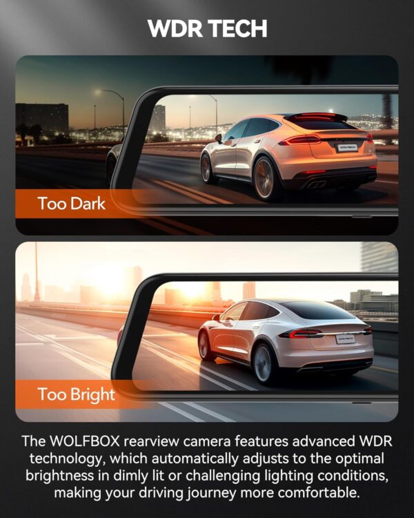 WOLFBOX G840H 12" Mirror Dash Cam - 2.5K Front & 1080P Rear Camera, WiFi Mirror Dash Cam Front and Rear, Built-in GPS, Includes 32GB Card - Image 3