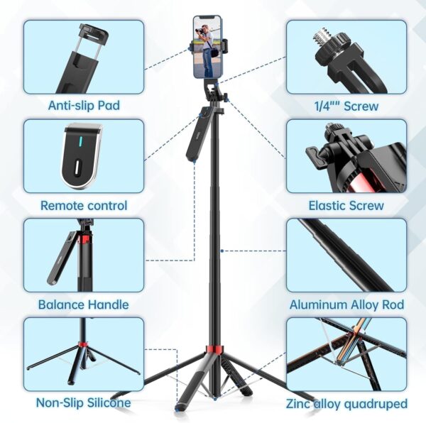 Adofys Selfie Stick with Tripod Stand 360 Degree Rotation Rechargeable Remote Quadripod Stand Balance Handle 71-inch Selfie Stick for Phone Camera Gopro 360°Panoramic Shooting Vlogging Live Stream - Image 7