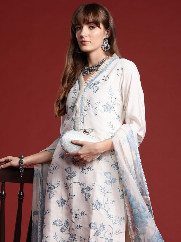 INDO ERA Women's Off White Silk Blend Embroidered Straight Kurta & Pant with Dupatta Set (KH9OW6656) - Image 3