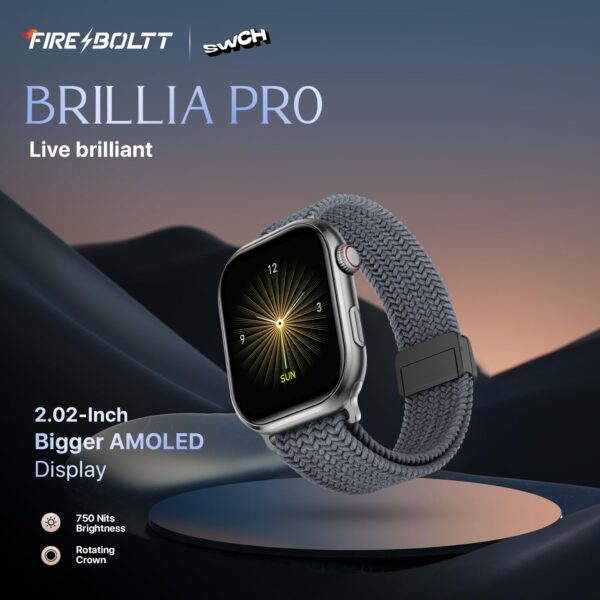 Fire-Boltt Brillia Pro Smart Watch with 51.3mm (2.02 inch) AMOLED Display, Bluetooth Calling, SpO2, Heart Rate Monitoring, 120+ Sports Modes, IP67 Waterproof, Long Battery Life (Grey Wave) - Image 3