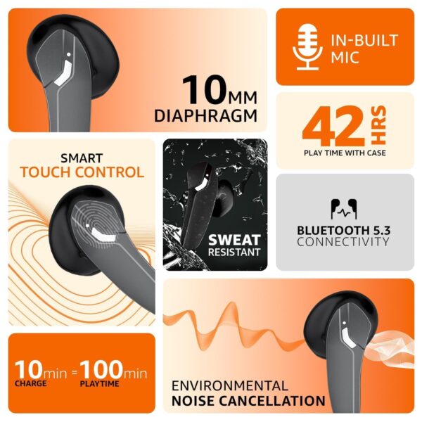 amazon basics True Wireless in-Ear Earbuds with Mic, Quad Mics ENC, Touch Control, IPX5 Water-Resistance, Bluetooth 5.3, Up to 42 Hours Play Time, Voice Assistance and Fast Charging (Grey) - Image 3