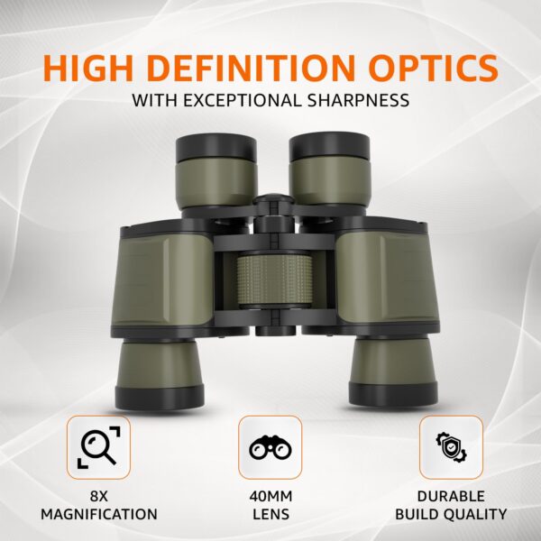 Amazon Basics 8X40 High-Power Binoculars | Ideal for Bird Watching, Sightseeing, Wildlife Trekking | FMC Lens & BAK4 Prism | Durable, Adjustable | Includes Bag & Strap (Green) - Image 3
