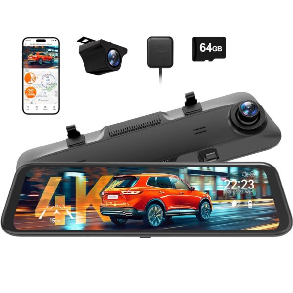 WOLFBOX G850 PRO 4K Smart Mirror Dash Cam with ADAS & BSD, 12” Rear View Mirror Camera, 5.8GHz WiFi, Voice Control, Includes 64GB Card, GPS, G-Sensor & Loop Recording. - Image 2