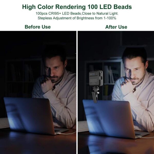 LED Video Light Camera Light Laptop Light for Zoom Meeting Photography Lighting 100 LED Beads with Clip Dimmable and Rechargeable for Camera Selfie Stick Tripod Laptop Cellphone - Image 10