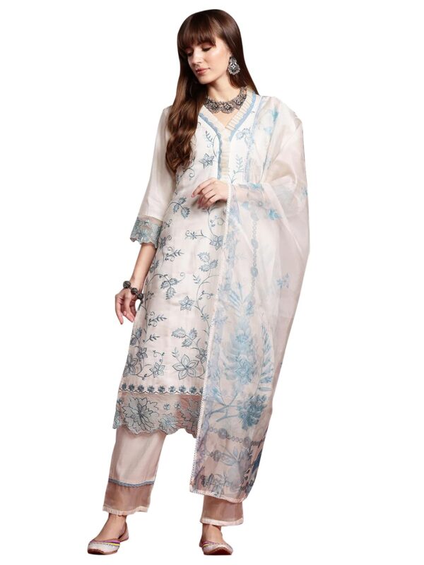INDO ERA Women's Off White Silk Blend Embroidered Straight Kurta & Pant with Dupatta Set (KH9OW6656) - Image 2