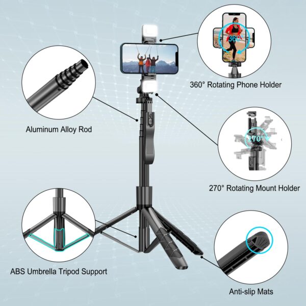 Mobilife 62-inch Selfie Stick Tripod with Gimbal Handle Dual Fill Light 360° Rotation Bluetooth Aluminum Selfie Stick Stand for iPhone Android Mobile Phone Camera Vlogging,Black - Image 9