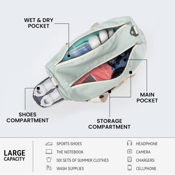 Storite Nylon 44 cms Imported Travel Duffle Bag Multi- Pocket Sports Shoulder Bag for Women with Wet Pocket & Shoe Compartment Weekender Overnight Travel Luggage Bag (Pista Green -44cmX31cmX17cm) - Image 4