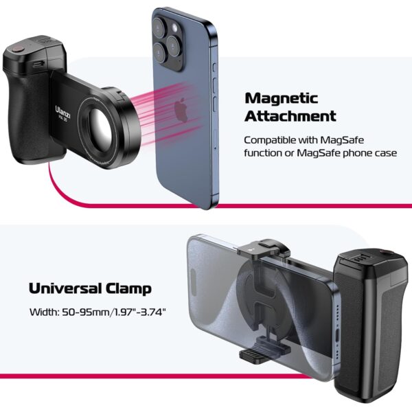 ULANZI Selfie Phone Tripod Mount MA35, 2-in-1 Magnetic & Phone Clip Camera Grip Handle Holder with Detachable Remote Shutter with Cold Shoe Adapter for iPhone 14 15 Samsung Smartphone Video Shooting - Image 3