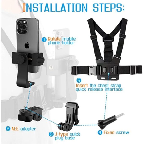 Like Star® Adjustable Chest Strap Mount with Mobile Holder Clip & Screw Compatible with All Smart Phones Body Belt Harness for Gopro Hero, SJCAM, Yi & Other Action Cameras - Black - Image 6