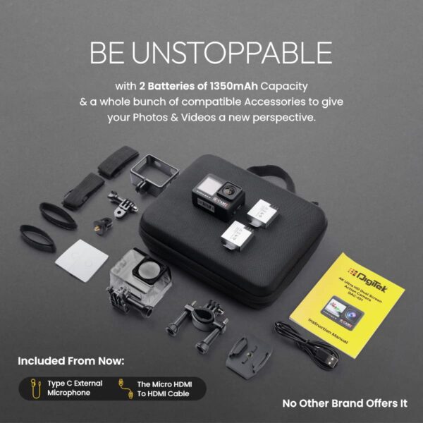 Digitek GoCAM DAC-101 5K 30FPS 48MP WiFi Ultra HD Sports Action Camera | 2" / 1.3" Dual Touch Screen | 150 Degree Wide Angle | 6-Axis Gyro EIS Stabilization | 2.5mm External MIC Support | 100 feet Waterproof (with Waterproof case) | 2 x 1350mAh Battery with Accessories Kit (Black) - Image 4