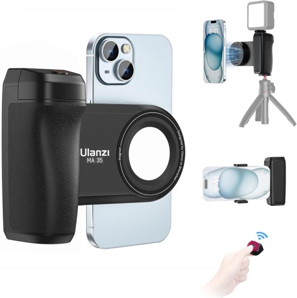 ULANZI Selfie Phone Tripod Mount MA35, 2-in-1 Magnetic & Phone Clip Camera Grip Handle Holder with Detachable Remote Shutter with Cold Shoe Adapter for iPhone 14 15 Samsung Smartphone Video Shooting - Image 2