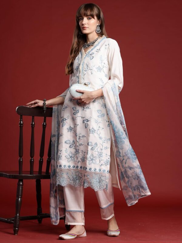 INDO ERA Women's Off White Silk Blend Embroidered Straight Kurta & Pant with Dupatta Set (KH9OW6656) - Image 4