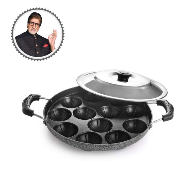 CELLO Non-Stick 12 Cavity Grill Appam Patra 2 Side Handle with Stainless Steel Lid | Appam Maker | Appam Patra | Appam pan | Litti Maker | Appe Stand - Image 4