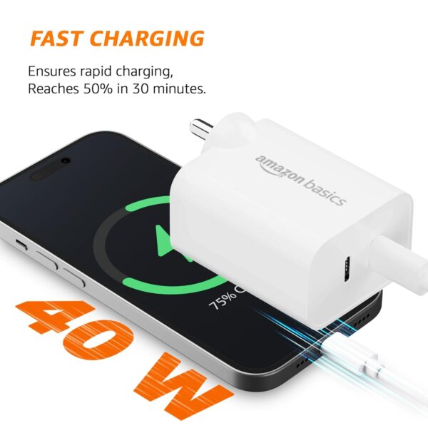 Amazon Basics 40W PD Dual Port Fast Charger | Dual USB-C Ports (20W Each) | Speed Technology | Compact Design | Compatible with iPhone - Image 3