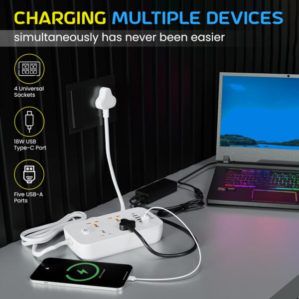 D-Link Power Strip with 4 Universal Sockets with Child Security + 5 USB Ports + 1 Type-C Port, High Temperature Fuse Protector, 1500W with 2 Meter Cable - Image 3