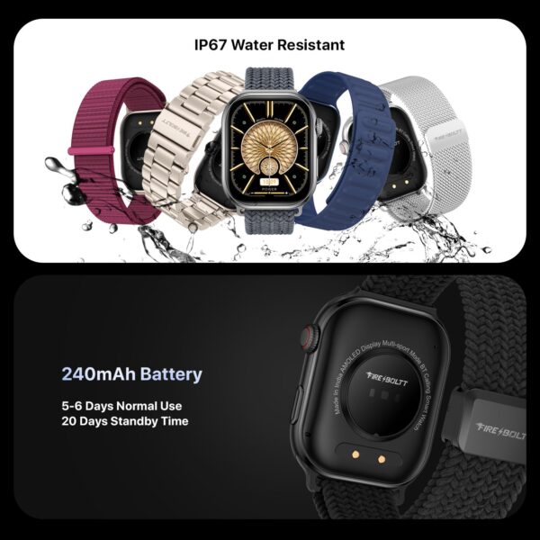 Fire-Boltt Brillia Pro Smart Watch with 51.3mm (2.02 inch) AMOLED Display, Bluetooth Calling, SpO2, Heart Rate Monitoring, 120+ Sports Modes, IP67 Waterproof, Long Battery Life (Black Wave) - Image 11