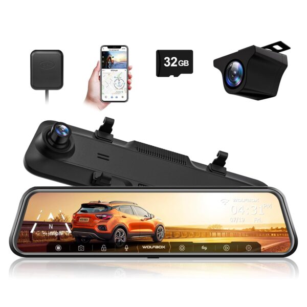 WOLFBOX G840H 12" Mirror Dash Cam - 2.5K Front & 1080P Rear Camera, WiFi Mirror Dash Cam Front and Rear, Built-in GPS, Includes 32GB Card - Image 2