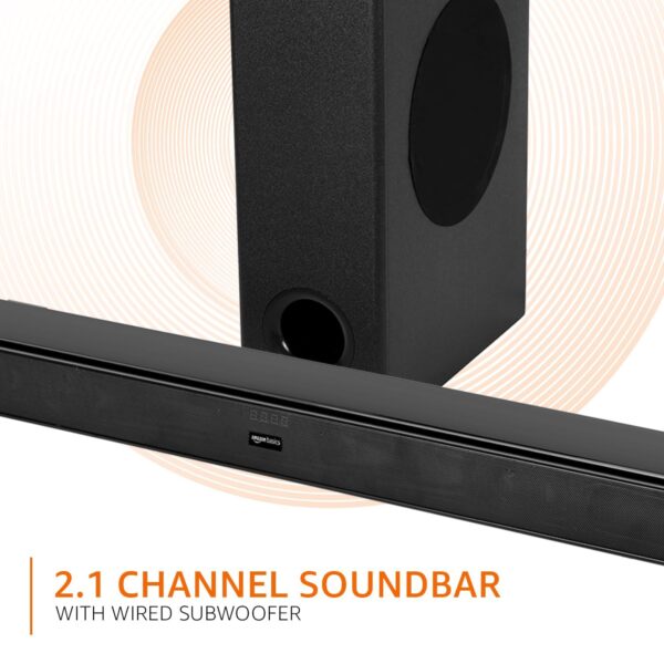 amazon basics Soundbar with Wired Subwoofer, 90W RMS, 2.1 Channel, Remote Control, BT v5.3, HDMI (ARC Cable), Optical, Aux, USB, Compatible with TV, Smart Phones, Tablets, PCs (Black) - Image 4