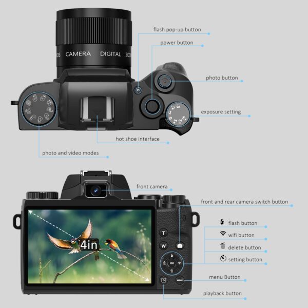 Saneen Digital Camera, 4K Cameras for Photography and Video, 64MP WiFi Touchscreen, Vlogging Camera for YouTube with Flash, 32GB Card, Sunshade, 3000mAh Battery, Front Cameras - Image 8