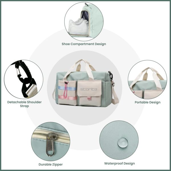 Storite Nylon 44 cms Imported Travel Duffle Bag Multi- Pocket Sports Shoulder Bag for Women with Wet Pocket & Shoe Compartment Weekender Overnight Travel Luggage Bag (Pista Green -44cmX31cmX17cm) - Image 5