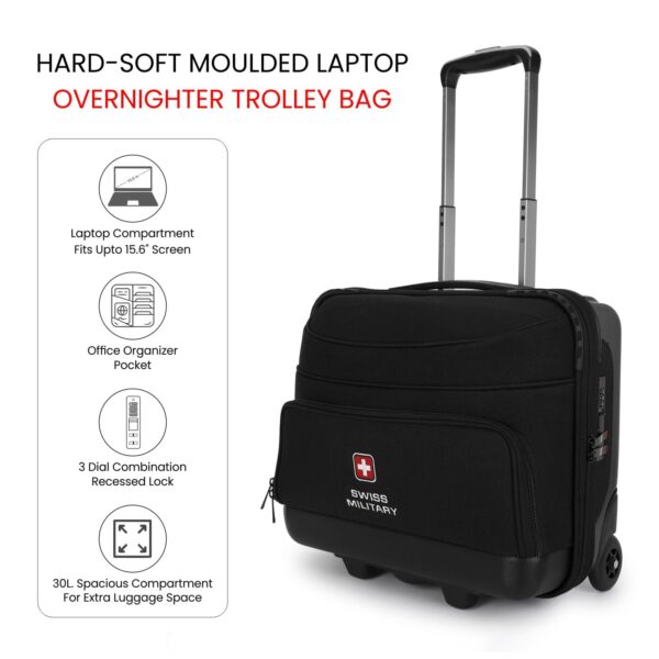 Swiss Military PilotPro Hard and Soft Laptop Overnighter Trolley Bag, 30L Lightweight Cabin Luggage, Fits 15.6 Inch Laptop, Business Travel Bag with Organizer, Combination Number Lock - Black, LTB2 - Image 9
