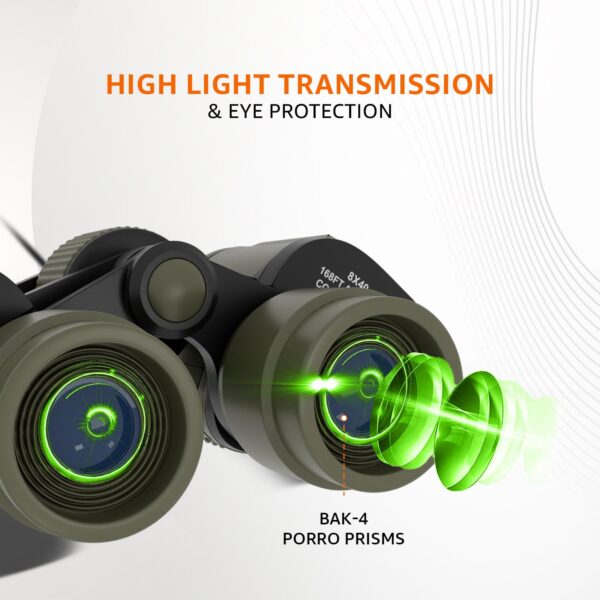 Amazon Basics 8X40 High-Power Binoculars | Ideal for Bird Watching, Sightseeing, Wildlife Trekking | FMC Lens & BAK4 Prism | Durable, Adjustable | Includes Bag & Strap (Green) - Image 4