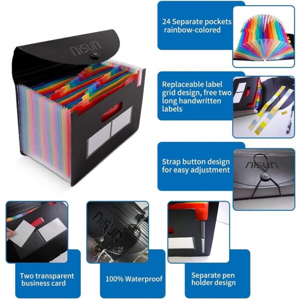 NISUN 24 Pockets File Organizer, A4/Letter Size Portable Accordion Folder, Expanding File Folder, Document Organizer, Adjustable Buckle Folder with Labels for School, Home & Office-Black (33 * 24cm) - Image 5