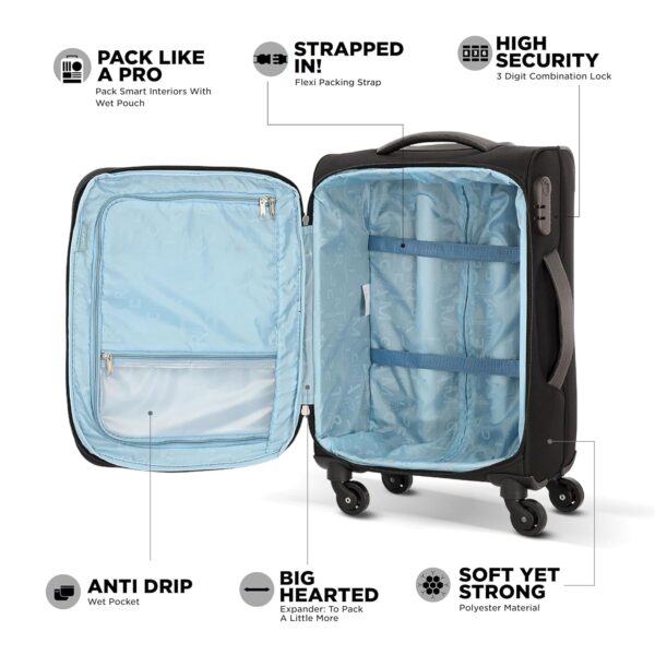 American Tourister Icor (Small) 58Cms|Check-in Spinner Trolley Bag for Travel|Wet Pocket|Expandable|Polyester Luggage|Combination Lock|4 Wheel Suitcase for Men & Women (Black)|Light Weight & Durable - Image 4