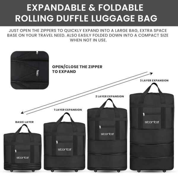 Storite 3 Layer Nylon Duffle Bags/Convertible Travel Luggage with Wheels/Waterproof Traveling Bag for Clothes/Foldable - Extendable Duffle Bag for Men and Women (Black) - Image 5
