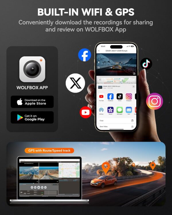 WOLFBOX G840H 12" Mirror Dash Cam - 2.5K Front & 1080P Rear Camera, WiFi Mirror Dash Cam Front and Rear, Built-in GPS, Includes 32GB Card - Image 4