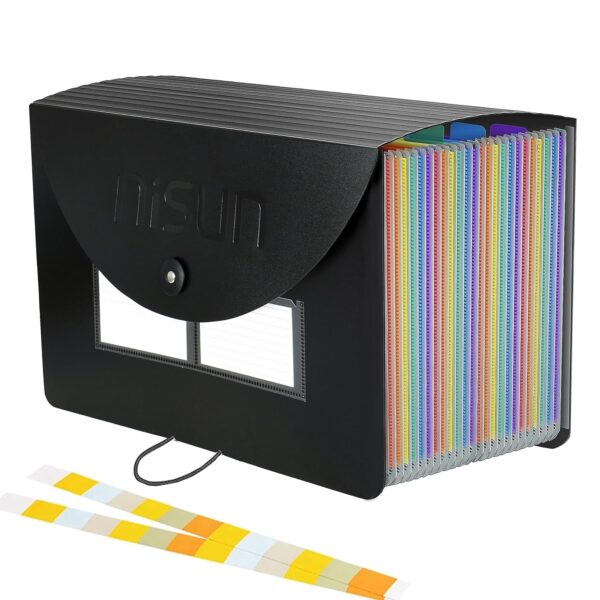 NISUN 24 Pockets File Organizer, A4/Letter Size Portable Accordion Folder, Expanding File Folder, Document Organizer, Adjustable Buckle Folder with Labels for School, Home & Office-Black (33 * 24cm) - Image 2