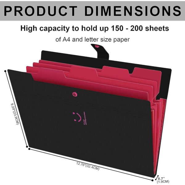 NISUN 5 Pockets File Organizer, Expanding File Folder, Accordion Document Organizer, Adjustable Buckle Folder, A4 Portable Accordion Paper/Bill/Receipt Bag - Black - Image 3
