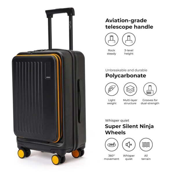 MOKOBARA Polycarbonate The Transit Cabin Pro Luggage Small Cabin Size Poly-Carbonate Hard Sided 8 Hinomoto Wheels Suitcase for Travelling (Black & Yellow, 56 cm) - Image 4