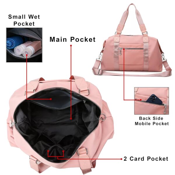 Storite Nylon 47 Cm Travel Duffle Bag, Sports Shoulder Bag for Women with Wet Pocket Weekender Overnight Luggage Bag - (Pink, 47 x 16 x 30 Cm) - Image 4