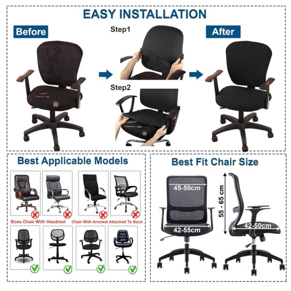 ITSPLEAZURE Black 2 Piece Set of 1 Office Chair Cover 200GSM Fabric Stretchable Elastic Polyester Removable Washable Office Computer Desk Executive Rotating Chair Seat Covers Slipcover Protector - Image 7