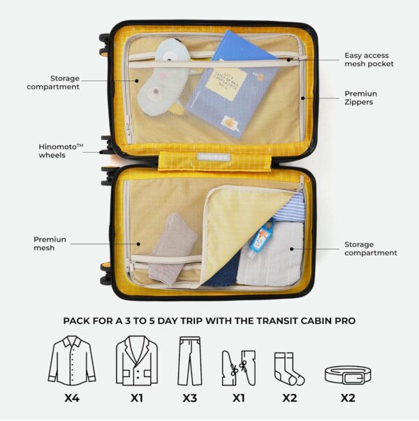 MOKOBARA Polycarbonate The Transit Cabin Pro Luggage Small Cabin Size Poly-Carbonate Hard Sided 8 Hinomoto Wheels Suitcase for Travelling (Black & Yellow, 56 cm) - Image 7