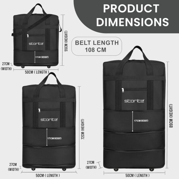 Storite 3 Layer Nylon Duffle Bags/Convertible Travel Luggage with Wheels/Waterproof Traveling Bag for Clothes/Foldable - Extendable Duffle Bag for Men and Women (Black) - Image 3