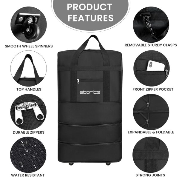 Storite 3 Layer Nylon Duffle Bags/Convertible Travel Luggage with Wheels/Waterproof Traveling Bag for Clothes/Foldable - Extendable Duffle Bag for Men and Women (Black) - Image 4