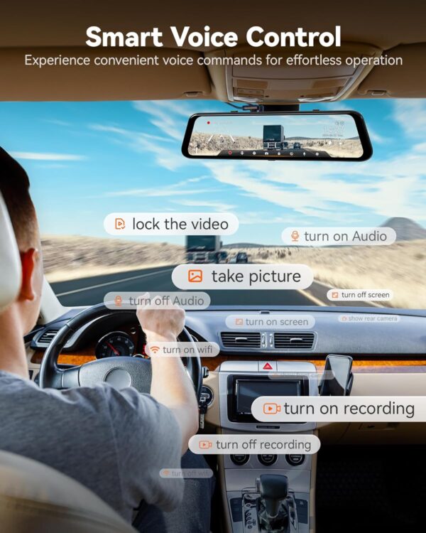 WOLFBOX G850 PRO 4K Smart Mirror Dash Cam with ADAS & BSD, 12” Rear View Mirror Camera, 5.8GHz WiFi, Voice Control, Includes 64GB Card, GPS, G-Sensor & Loop Recording. - Image 8